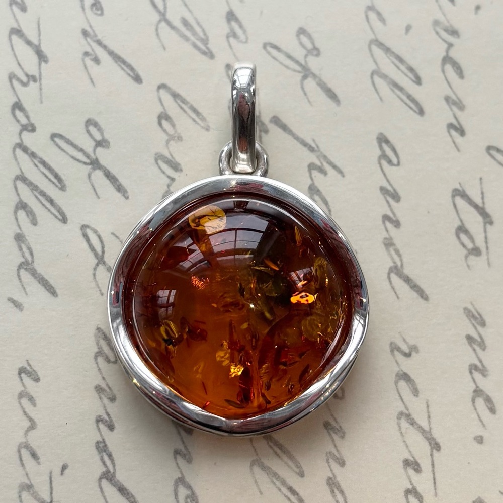 Large Round Balic Amber and Sterling Silver Pendant